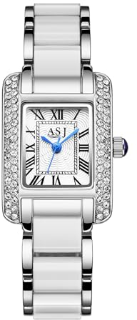 JewelryWe Damenuhr Glitzer Rechteckige Uhr: Silber Damen Bling Strass Analog Quarz Armbanduhr Keramik Imitation Metallarmband Frauen Lässige Uhr mit Eckigem Römischen Ziffern Zifferblatt