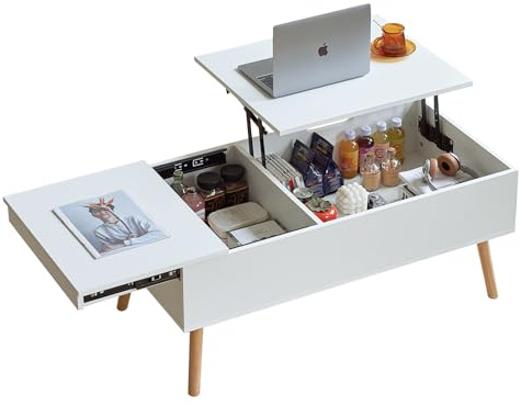 JanflyHome Table basse réglable en hauteur avec plateau coulissant, 2 grands compartiments de rangement cachés séparés, table de salon, blanche, 100 x 50 x 43,5 cm