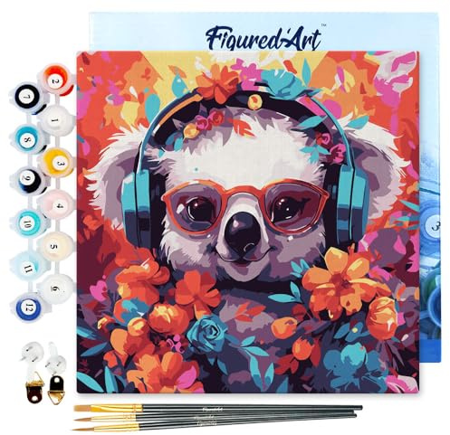 Figured'Art Mini Malen Nach Zahlen Erwachsene Mit Rahmen 20x20cm Kleines Format - Fantasie-Koala und Blumen - Paint by Numbers Basteln DIY Bastelset Leinwand gespannt auf Holzrahmen