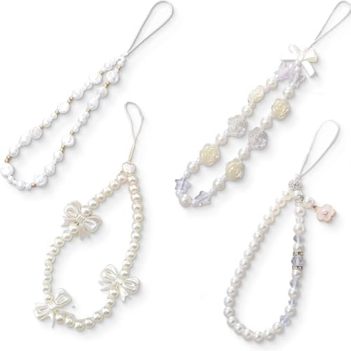 4 Stück Handy Lanyard, Perlen Handy Kette, Lanyard Handschlaufe Handgelenkschlaufe, Handyanhänger, Handy Kette Perlen, Telefon-Kettenriemen, Telefonkette Schlüsselanhänger