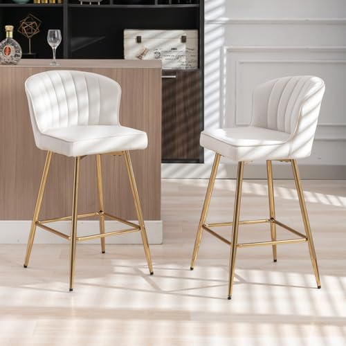 Chairus Tabourets de Bar en Velours - Lot de 2 Chaises de Comptoir et Cuisine avec Cadre en Métal (Beige)