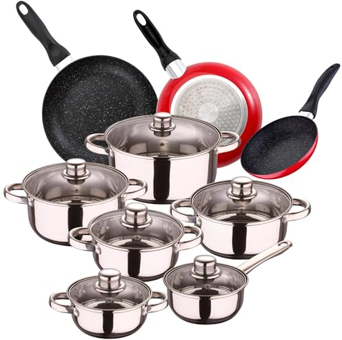 Bateria de cocina 12 piezas Cassel acero inoxidable + 3 sartenes 16/20/24cm en aluminio prensado