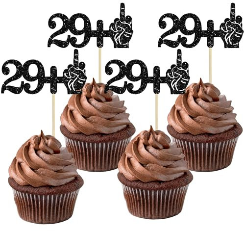 Ephlyn 24Pcs 29+1 Cupcake Toppers Funny 30th Birthday Cupcake Picks Glitter Black Middle Finger Cake Toppers 40th Cupcake Decoration for Happy 30th Birthday Party Anniversary Decorations