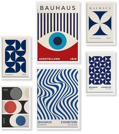 Heimlich® 6er Poster Set mit Bilderrahmen Holz Weiss | Modernes Bauhaus Design Bilder Wohnzimmer | Grafische Kunst | Poster & Kunstdrucke in Blau und Rot | 2X A3 (30x42 cm) & 4X A4 (21x30 cm)