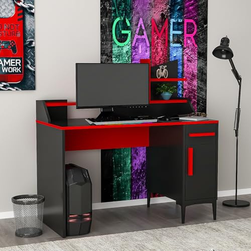 Homidea Zeta Computertisch - Schreibstisch - Frisiertisch mit Regale - Ablagen im modernen Design für Home Office und Kinderzimmer (Zeta - Schwarz/Rot)