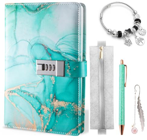 Zoelele Tagebuch mit Schloss für Mädchen, Weihnachts Geschenke für Mädchen 7 8 9 10 11 12 13 Jahre, Notizbüch mit Code Stift Mäppchen Lesezeichen Armband, Geburtstag Geschenke Alter 6-14 (Grün)