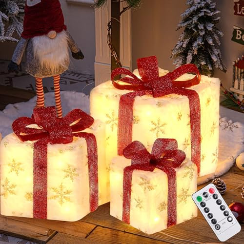 Lergas Weihnachtsdeko Aussen Beleuchtet Geschenkbox, 3er Set LED Geschenkbox mit Schleife, 8 Modes Beleuchtete Geschenkbox Batteriebetrieben mit Fernbedienung für Weihnachtsdeko Innen, Außen, Garten
