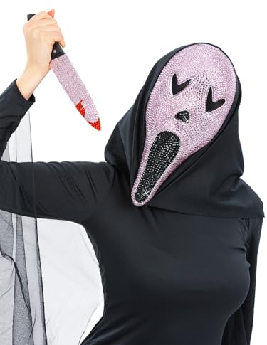 Smiffys Pink Jewelled Screamer Kit, Mask and Knife Set, Halloween Adult Female Costume, Scary Pink Jewel Horror Kit, Fancy Dress for Women, Mask and Accessories for Halloween Parties