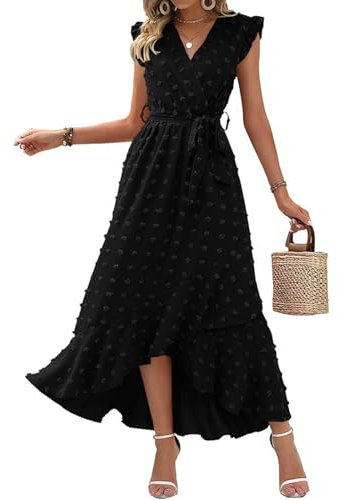 SCBFDI Robe Cocktail Femme Sexy Cintrée Ete Courte Devant Longue Derriere Manches Volantes Bureau Estivale Chic Plage Robe, Robe Femme pour Mariage Noir M