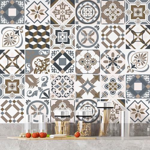 Lumalea Stickers carrelage - Motif Carreaux de Ciment 3617689910321 - Adhésif Brillant - 36 Stickers 20x20 cm