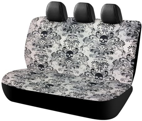 Qjjinxior Auto-Rücksitzbezug, Gothic-Totenkopf-Damast, gruselig, Halloween-Autositzbezug, Universal-Sitzbezüge-Set für die meisten Autos, LKWs, SUVs
