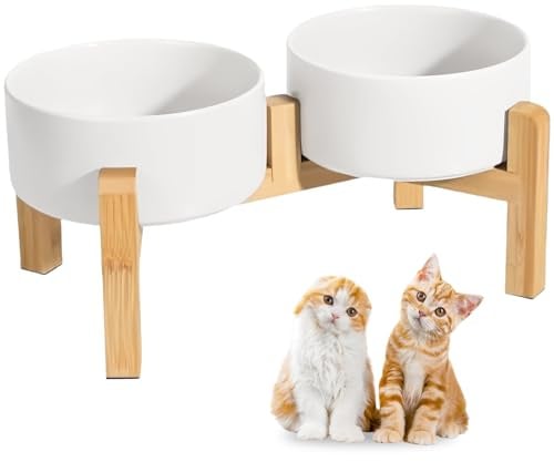 Elevated Double Ceramic Dog & Cat Bowls 850ML 15.5cm Raised Cat Feeder Bowl | Small Pets Feeding Bowls with Elevated Wooden Stand, for Cats and Small Pets Eating Food & Drinking Water Anti Vomit White
