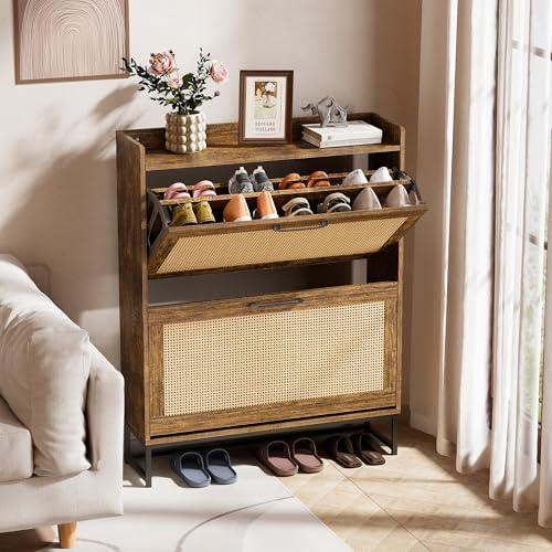 Ztexkee 2 Drawer Shoe Cabinet Cupboard Shoe Storage Organiser Rustic style Shoe Cabinet for Living Room Hallway 80x24x101 cm Brown