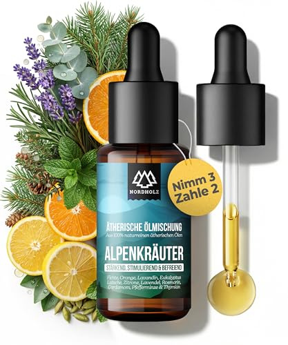 NORDHOLZ® Ätherische Öle [Mischung] 15ml Alpenkräuter [Naturrein] – Kräuterfrisch & vitalisierend – Duftöl In höchster Pharmaqualität – Vegan, Laborgeprüft – Sauna, Diffusor