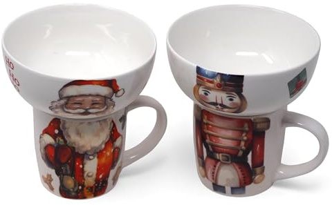 Blue Whale Gifts Christmas Santa and Nutcracker Stacking Ceramic Bowl and Mug Set - 4 Piece Set