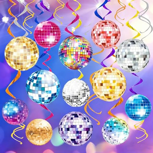 ASOUUNLD 15 Stück Discokugel Party Deko Kartonpapier mit 20 Spiralen Bunte Luftschlangen Hängende Discoball Girlande für 70er 80er 90er Retro Party Geburtstag Festival Deckendeko(16.5cm)
