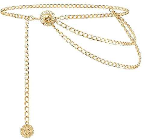 CERCTLA Cinturón de Cadena para Mujer, Cadena de Cintura de Metal Multicapa, Cinturón de Cadenas Ajustable, Vintage Cadenas de Cintura del Vientre, para Vestidos, Jeans, Dorado