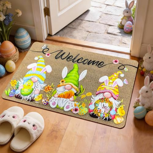 ZoneYan Ostern Fußmatte, 50 x 80 cm Hasen Wichtel Willkommensmatte Ostern, Frühling Küche Bodenmatte Teppich rutschfest, Osterdeko Fußmatte, Schmutzfangmatte Waschbar für Innen Außen Dekor