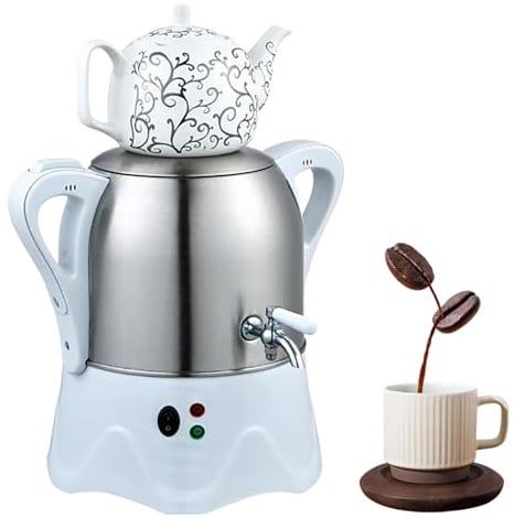 Elektrisk tebryggare Samovar, 2 000 W varmvattenkokare med varmhållningsfunktion, 3 l vattenkokare i rostfritt stål och 1 l keramisk tekanna för kaffe och örtte