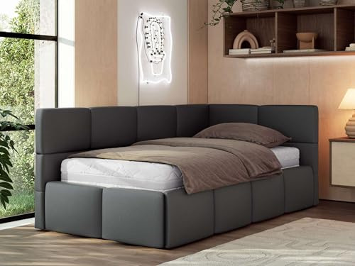 Jugendbett ARVO 90x200 cm mit Lattenrost und Bettkasten, Polsterbett mit gepolstertem Kopfteil und Gasdruckfedern, Eckbett mit Stauraum - mit Multipocket-Matratze - Grau Kunstleder - Rechts Seite