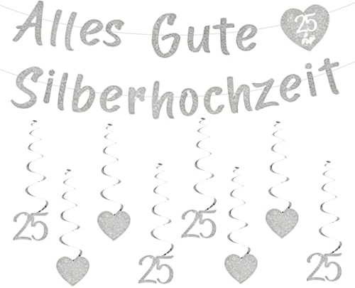 13 StüCk Silberhochzeit 25 Deko Girlande Set, Alles Gute 25 Silberhochzeit Banner, Hängende Wirbel Silberne Hochzeit Silberne Jubiläumsornamente Jubiläum Feier Party