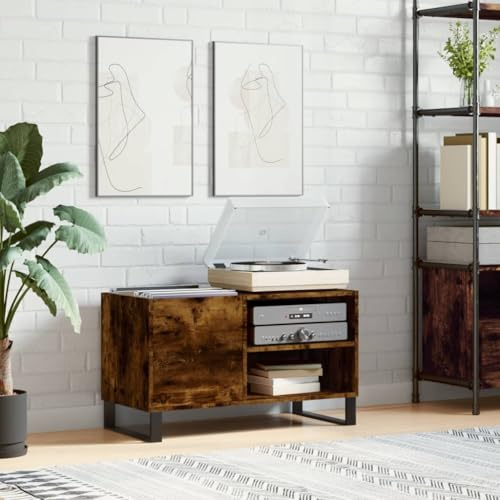 Holepyr Record Cabinet Smoked Oak Wood Material 85 x 38 x 48 cm with Iron Legs, Spacious Vinyl Records Cabinet for Living Room, Home Cinema and Gaming with Sturdy Top Plate