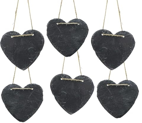 TEMPELWELT® Deko Anhänger Herzen im 6er Set je 12x11 cm, Schiefer Schieferplatten Grau Zum Hängen Herzanhänger Dekoherz Dekohänger Tafel Namensschilder