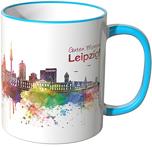WANDKINGS® Tasse, Schriftzug Guten Morgen Leipzig! mit Skyline - BLAU