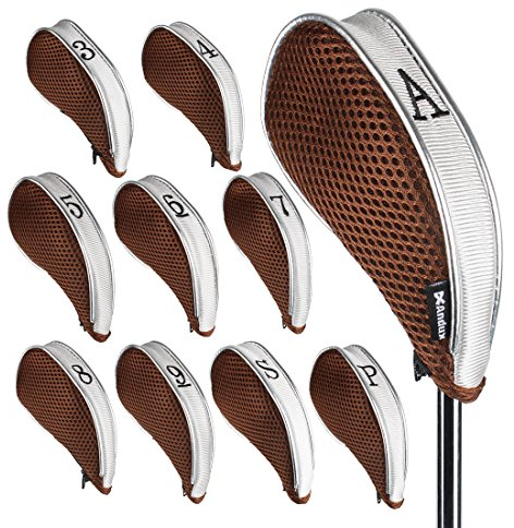 Andux Mesh Golf Iron Club Head Covers with Zipper Left and Right Handed 10pcs/set (Coffee/Grey)