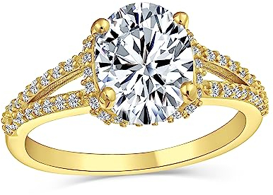 Bling Jewelry Klassischer Traditioneller 3Ct Aaa Cz Brillantschliff Solitär Oval Verlobungsring Für Frauen Mit Geteiltem Schaft Dünne Band Gelb 14K Gold Vergoldet .925 Sterlingsilber