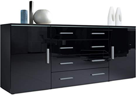 Vladon Sideboard Faro V2, Made in Germany, Kommode mit 2 Türen und 4 Schubladen, Schwarz matt/Schwarz Hochglanz (166 x 72 x 35 cm)