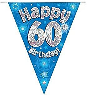 Party Bunting Happy 60th Birthday Blue Holographic 11 flags 3.9m