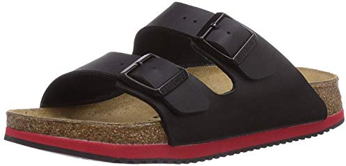Birkenstock Classic Arizona Birko-Flor, Unisex-Erwachsene Pantoletten, Schwarz (Black LS Black/Red), 43 EU