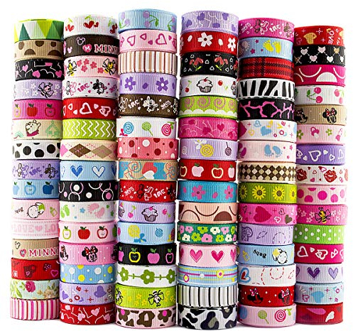 Summer-Ray 164,6 Meter Bedrucktes Grosgrain-Band – 10mm Breite – 90 Einzigartige Designs, je 1,83 Meter – Polyester, Farbecht & Maschinenwaschbar – Ideal für Basteln, Nähen & Haarschmuck