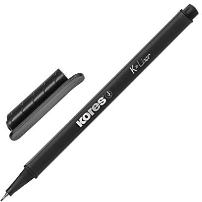 Kores - K-Liner: Schwarze Fineliner, 0,4 mm Fine Point Stifte zum Schreiben, Skizzieren und Zeichnen, metallgefasste Spitze, dreieckige ergonomische Form, Schul- und Bürobedarf, 12er-Pack