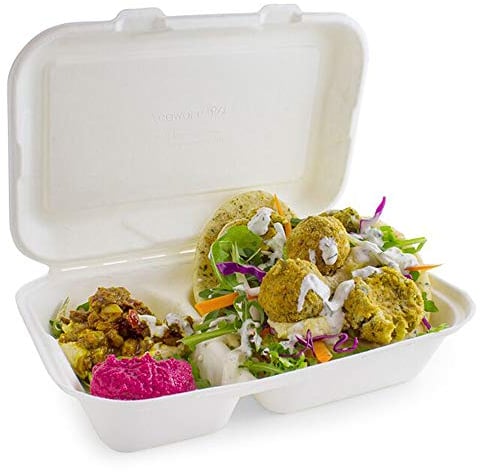 2 Compartment Clamshell Bagasse Takeaway Food Box 7 Inch - Set of 50 - Eco-Friendly Food Boxes