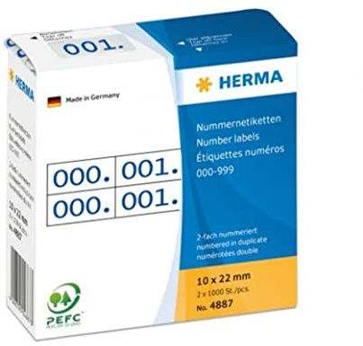 HERMA Number Labels 0-999, Double, 2000 Pieces, 22 x 10 mm, Self-Adhesive, Matte, Double Sequential Paper Number Labels, Asset Numbers in Dispenser Box, Blue Printed