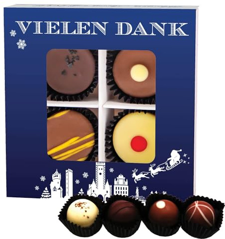 Hallingers Genuss Manufaktur Pralinen Weihnachts-Geschenk - mit & ohne Alkohol, handmade aus Confiserie-Edelkakao in wertiger Geschenkbox Vielen Dank Blau, Weihnachten für Frauen Männer