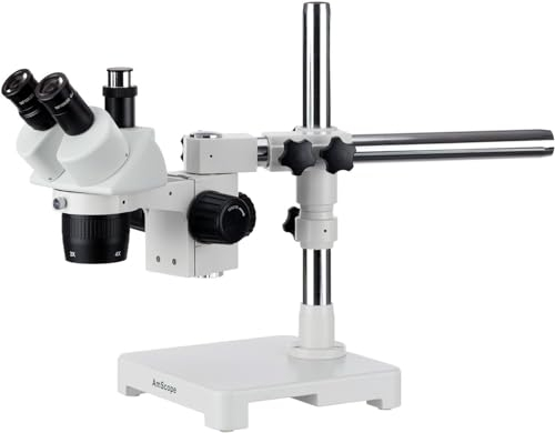 AmScope SW-3T24Z Trinokulares Stereomikroskop auf Einarmigem Auslegerständer, 20X-40X-80X, Weiß