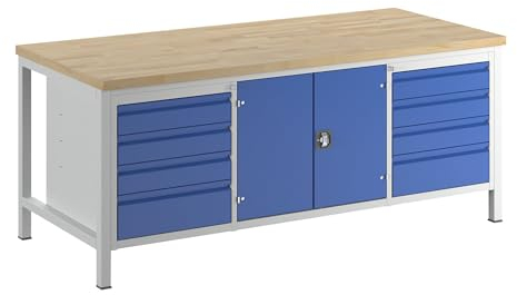 RAU | Werkbank | Gestellbauweise | 8 Schubladen Größe L | 1 Werkzeugschrank | Tiefe 900 mm | Breite 2000 mm