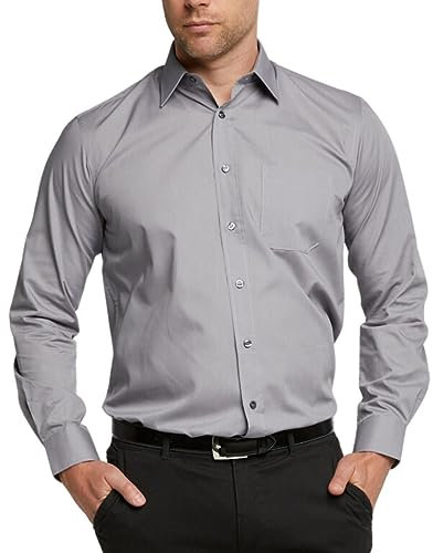 Double Two Men's Shirts Long Sleeve Smart Casual Regular Fit Wedding Work Cotton Blend Shirt Silver Grey