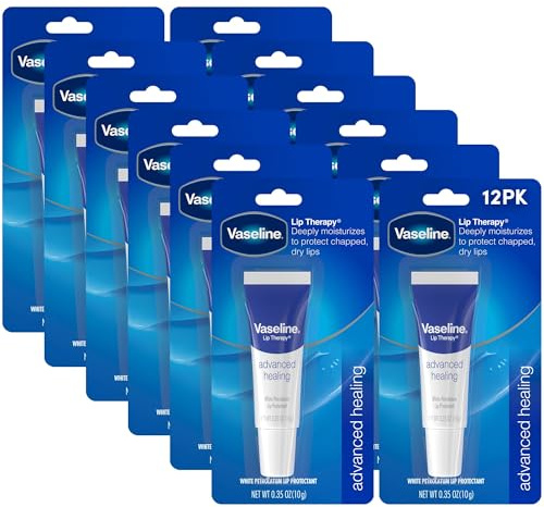Vaseline Lip Therapy Advanced Healing 12-Pack – White Petroleum Moisturizing Lip Balm for Extremely Dry Lips, 0.35 Oz Ea