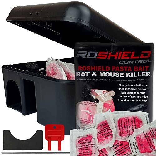 Roshield External Rat & Mouse Rodent Bait Box Control Kit - 1 Tamper-Resistant Lockable Box & 150g Pasta Bait Poison Sachets (1 Pack of 150g)