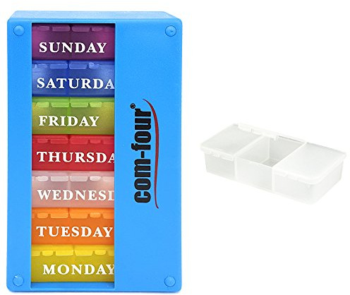 com-four® Medikamentendosierer 7 Tage auf ENGLISCH - Wochendosierer für morgens, mittags, abends - Pillendose mit 3 Fächern für unterwegs [ENGLISCH] (hellblau)