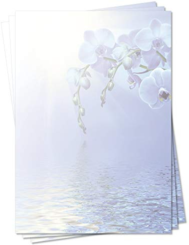 Motiv Briefpapier (Blumen-5095, DIN A4, 25 Blatt) Briefpapier mit wunderschöner heller Orchidee und endloses blaues Wasser