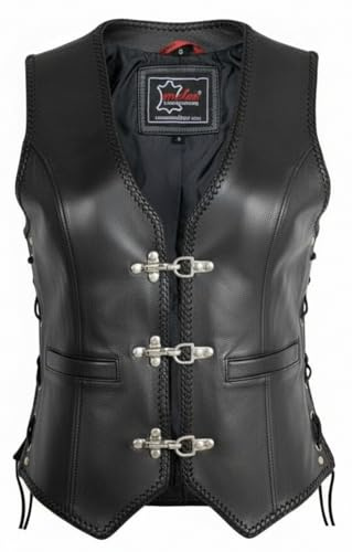 MDM Gilet moto donna in pelle nera, stile biker con fibbie cromate, lati regolabili e tasche profonde (IT, Testo, XL, Regular, Regular, Nero)
