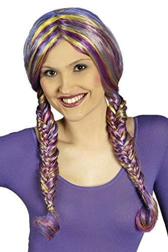 Perücke Arabella mit geflochtenen Zöpfen - Lila Magenta Gelb - Mehrfarbige Damen Zopfperücke zu Fantasie Kostümen