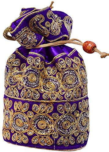 Purpledip Potli Bag (Clutch, Kordelzug-Geldbörse) für Damen mit aufwendigem Goldfaden und Paillettenstickerei, violett, Einheitsgröße