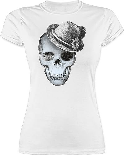 Shirt Damen - Kompatibel Oktoberfest - Totenkopf mit Filzhut - XL - Weiß - trachtenshirts trachtenshirt bayrische Skull Funshirts für Frauen trachtentshirt Trachten t Shirts bayrisch bayernhut
