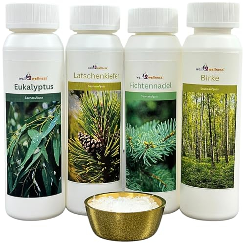 Well2wellness ® Set Esencias Sauna 4 X 125ML 'Clásico 3' con Eucalipto, Picea , Pino Carrasco, Abedul + Gratis 10g Mentol